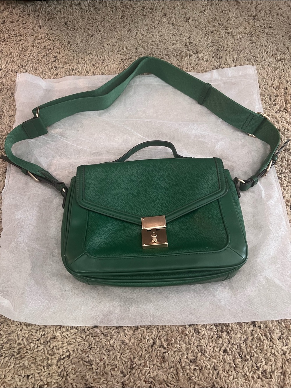 Green Leather Top-Handle Crossbody Bag with Gold Hardware
